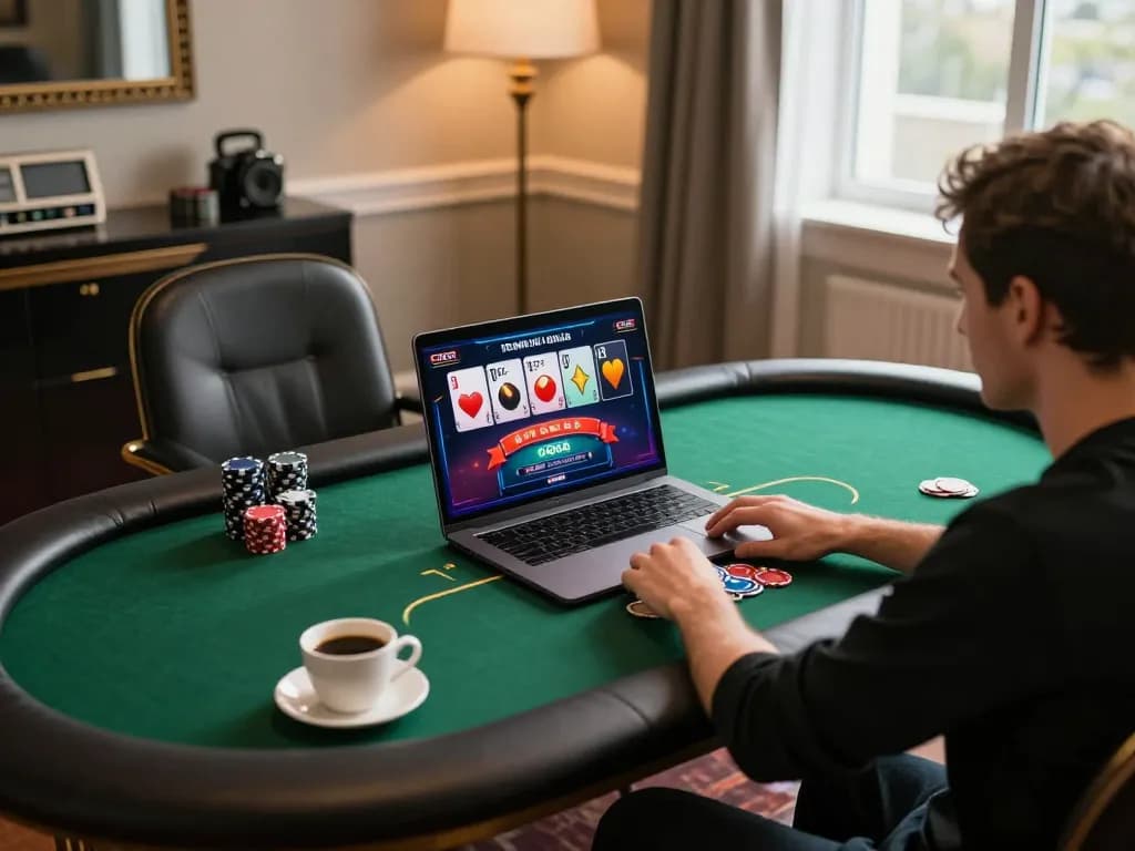 Engaging in online poker at a stylish desk while discovering exciting games at https://56win.autos/ with a warm and modern atmosphere.