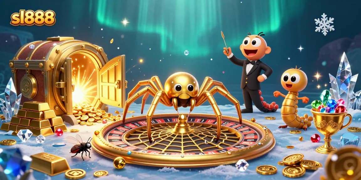 Experience exhilarating gaming at sl888 with a golden spider spinning roulette-themed web in a vibrant casino scene.