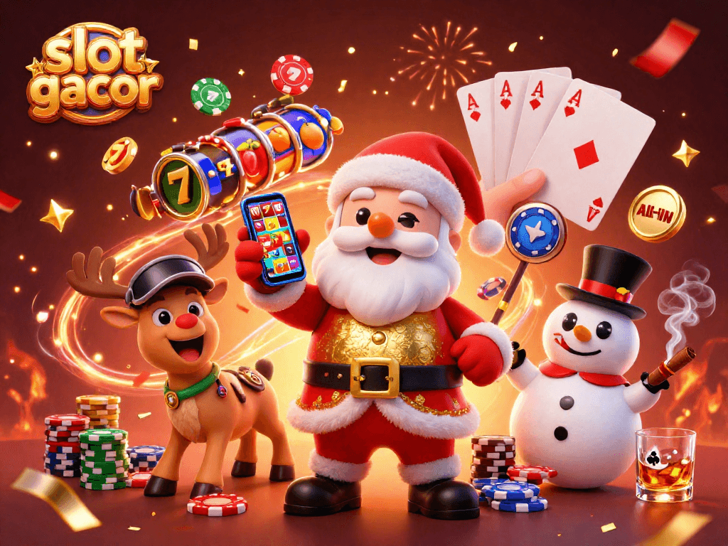 Engaging scene with Santa Claus and characters promoting slot gacor excitement in a vibrant casino.