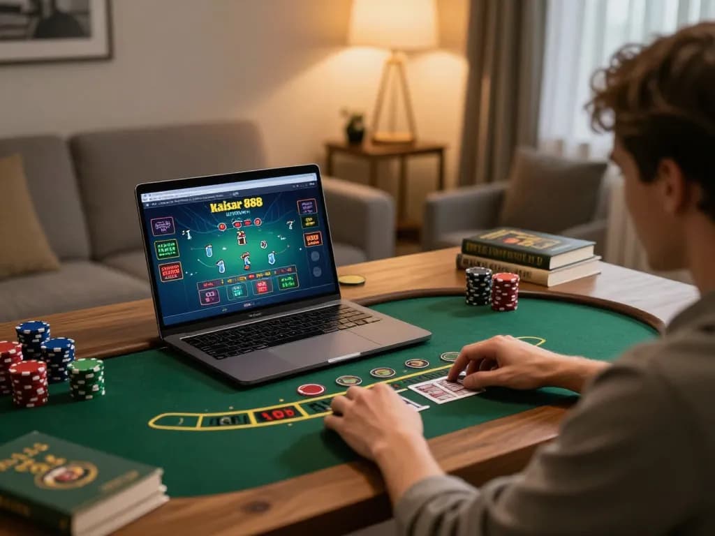 Engaging in kaisar 888 online blackjack game at home with laptop in cozy setup.