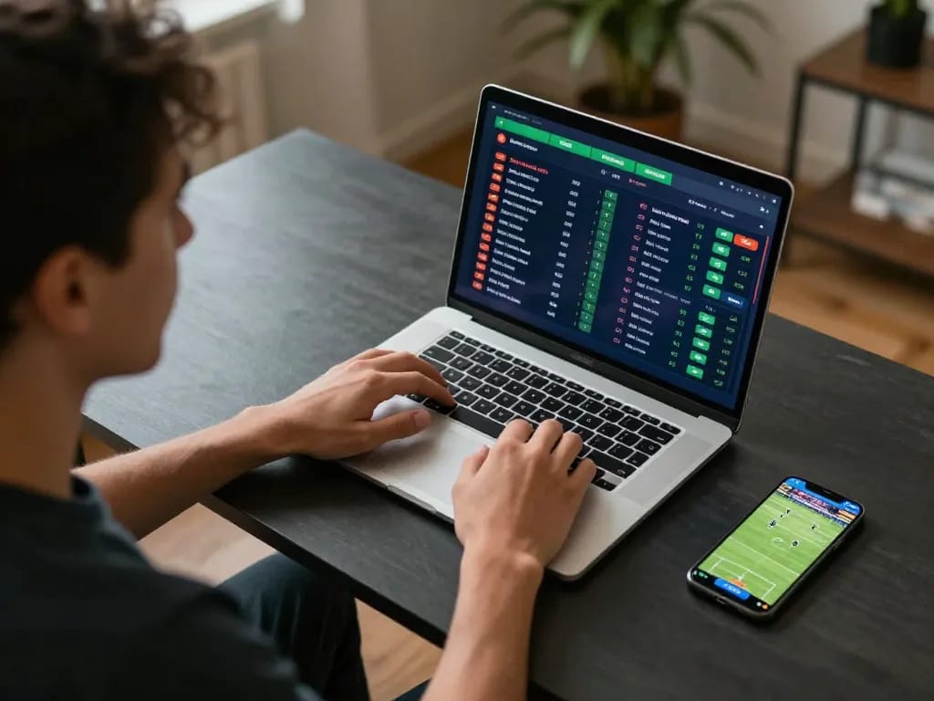 Engaging sports betting session on uu88 with a person analyzing bets on their laptop