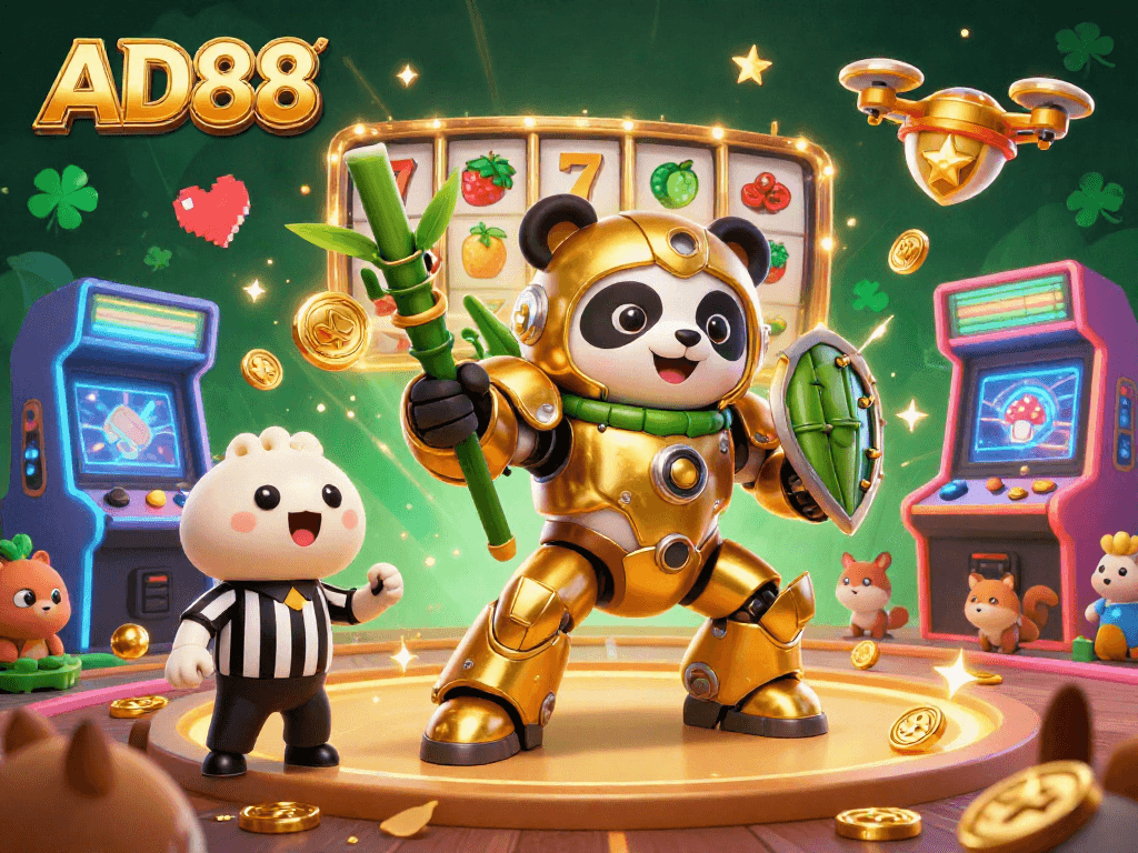 Engage with AD88's vibrant slots scene featuring a golden panda in a mech-suit amidst colorful game elements.