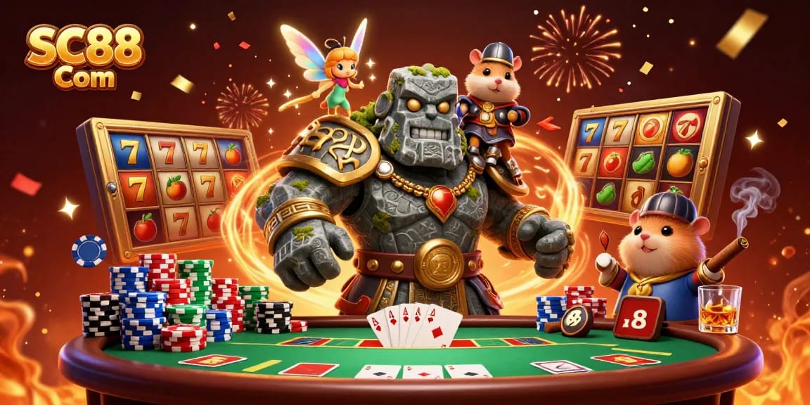 Engage in thrilling adventures with SC88 Com featuring a fairy, stone guardian, and hamster knight amidst casino games.