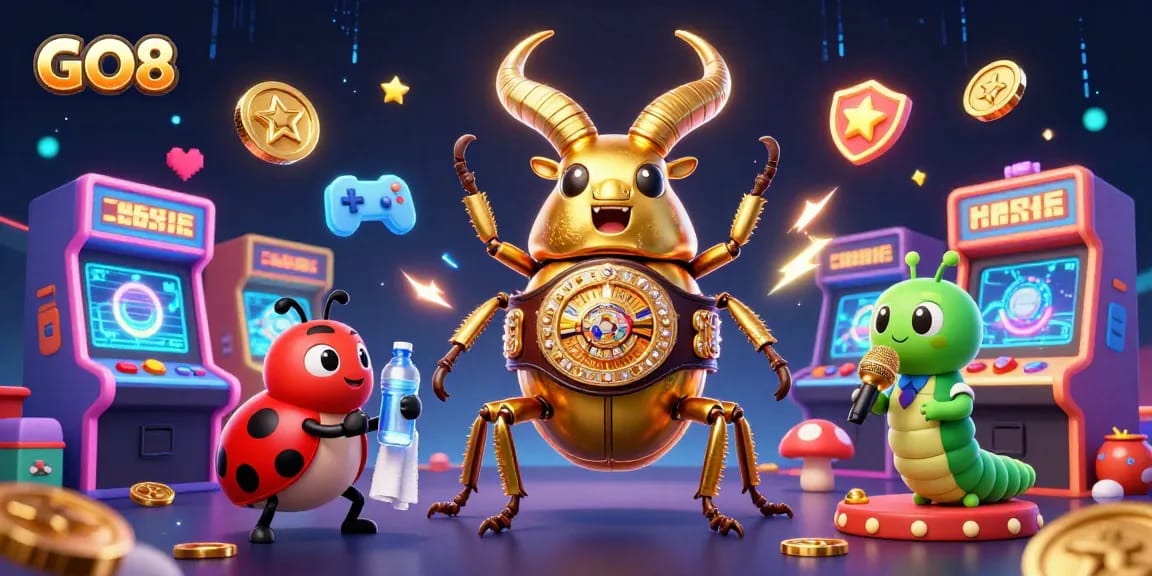 Engage with GO8’s immersive gaming universe featuring a boxing beetle, gaming machines, and vibrant energy.