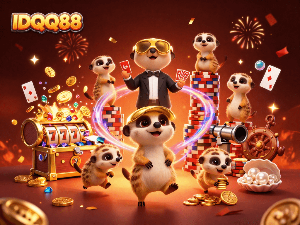 Experience the thrilling casino excitement with IDQQ88, where cartoon meerkats run vibrant slot operations.