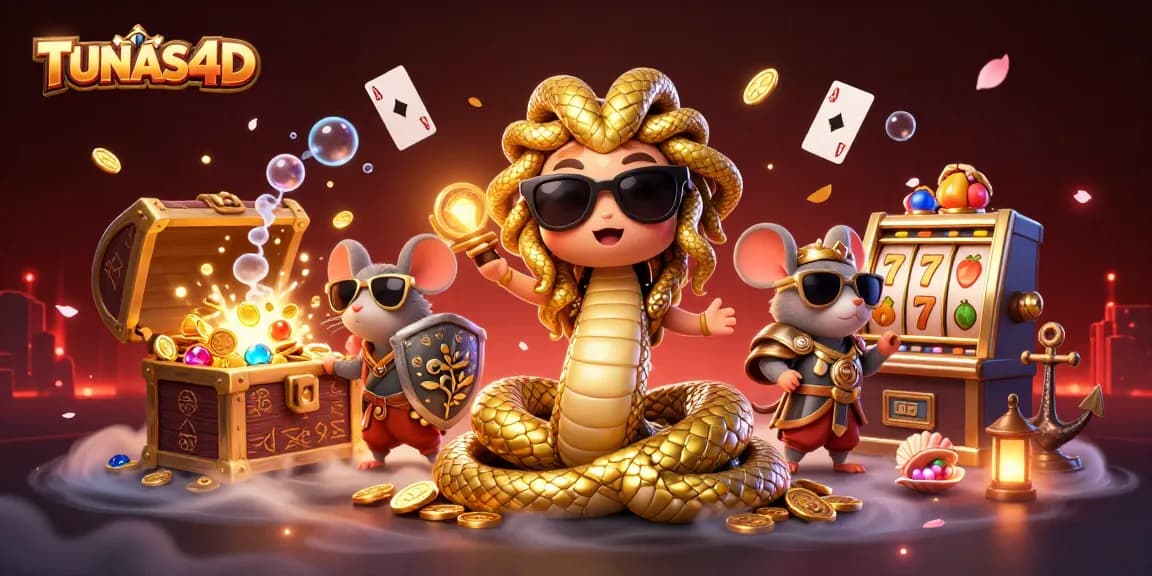 TUNAS4D showcases an action-packed scene with a friendly Medusa and gaming elements highlighting a vibrant casino atmosphere.