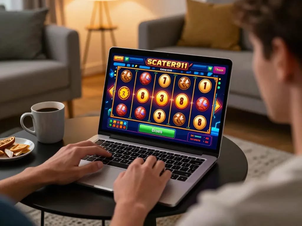 Player enjoying SCATTER911's slot games online at home, showcasing an engaging gaming experience.