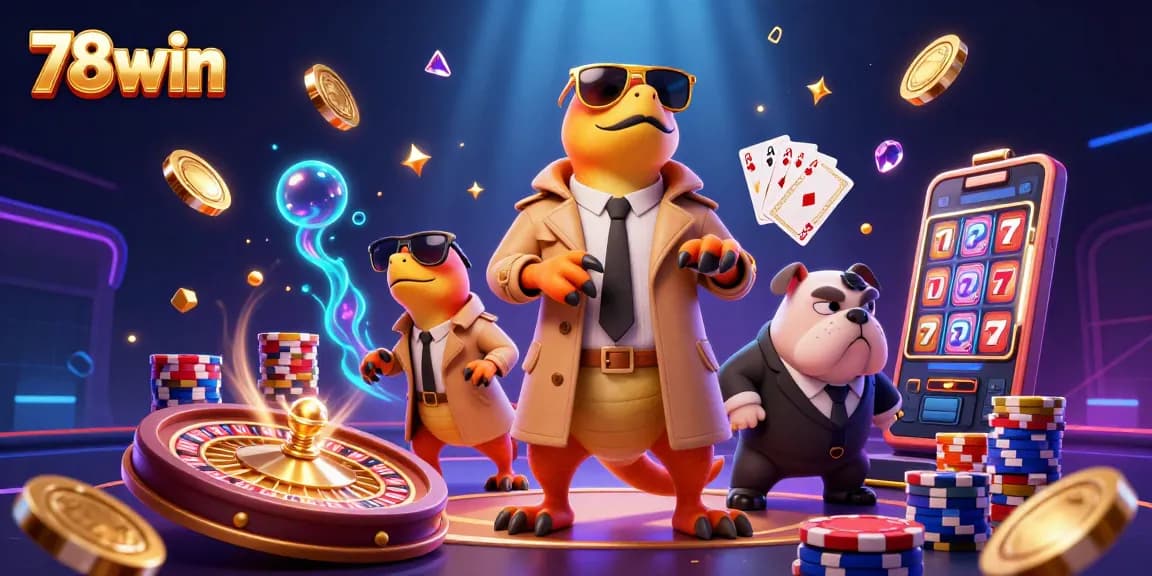 Engage with 78win's thrilling VIP casino scene featuring raptors and a bouncer.