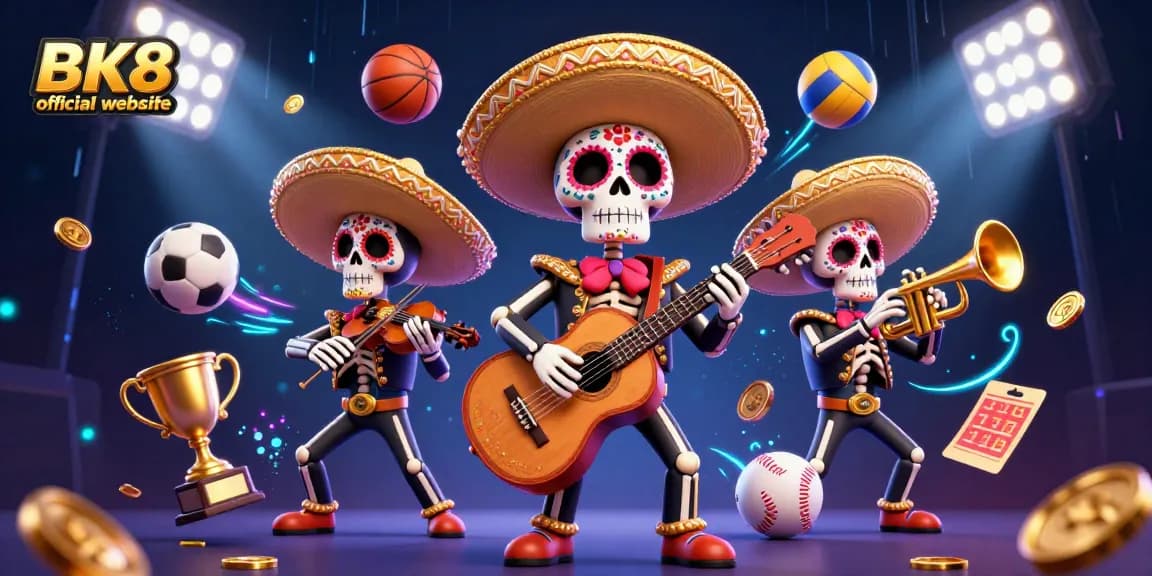 Experience the excitement on the BK8 official website with this vibrant gambling-themed illustration featuring dynamic characters and sports elements.