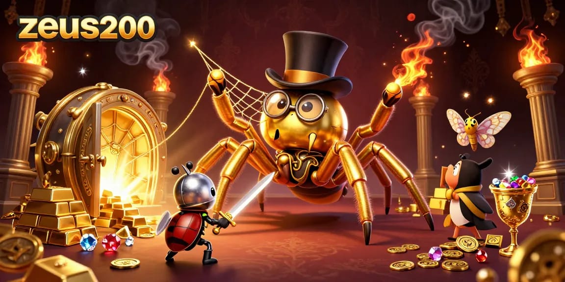 Zeus200 hadir dalam ilustrasi kasino yang megah dengan arachnid emas dan kesatria serangga.