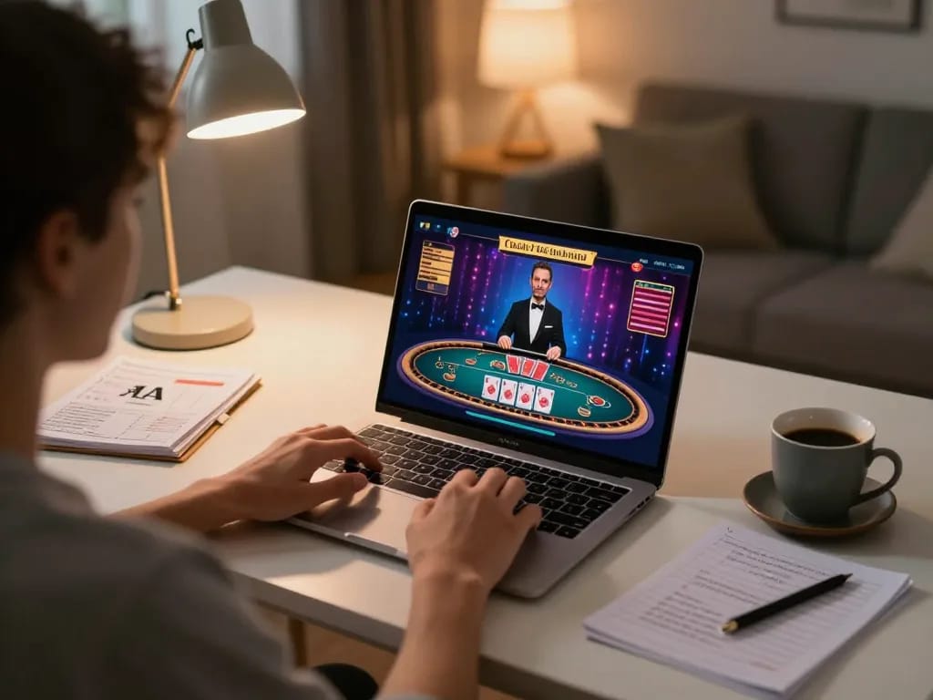 Player engaging with nk88 live casino on laptop, showcasing responsible online gaming setup and strategy.