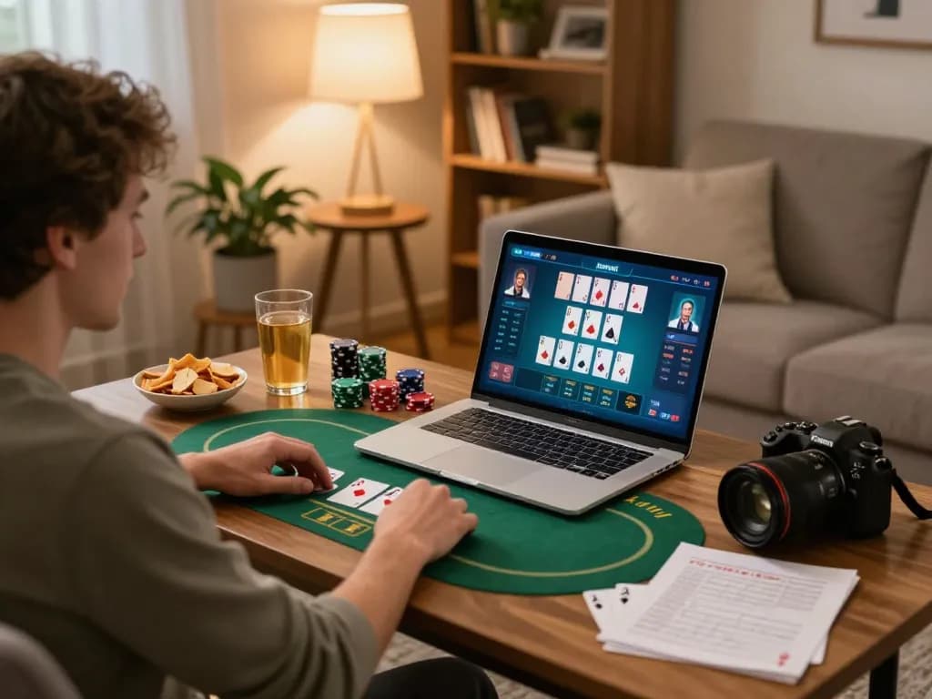 Engaging online poker session with RR99 strategies being reviewed at home for better gameplay