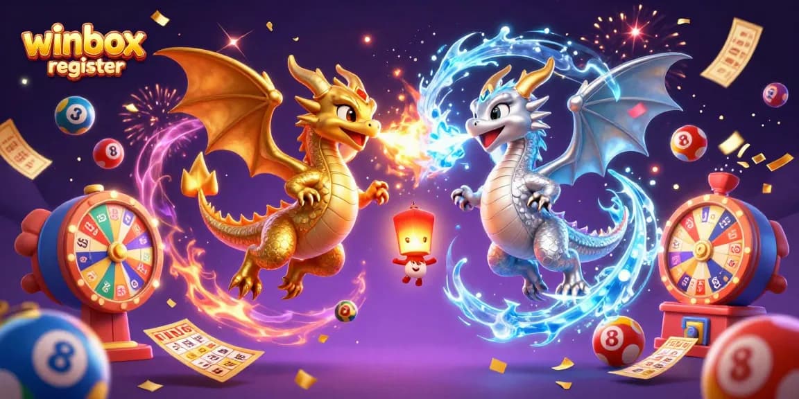 Engage with winbox register, featuring dynamic characters and vibrant lottery elements in a festive casino scene.