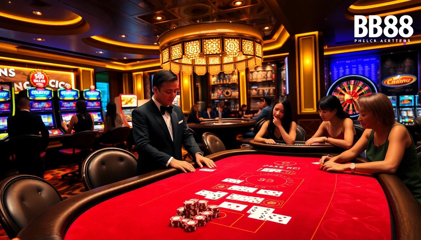 Players enjoying a thrilling poker game at BJ 88’s luxurious casino table, surrounded by vibrant slot machines.