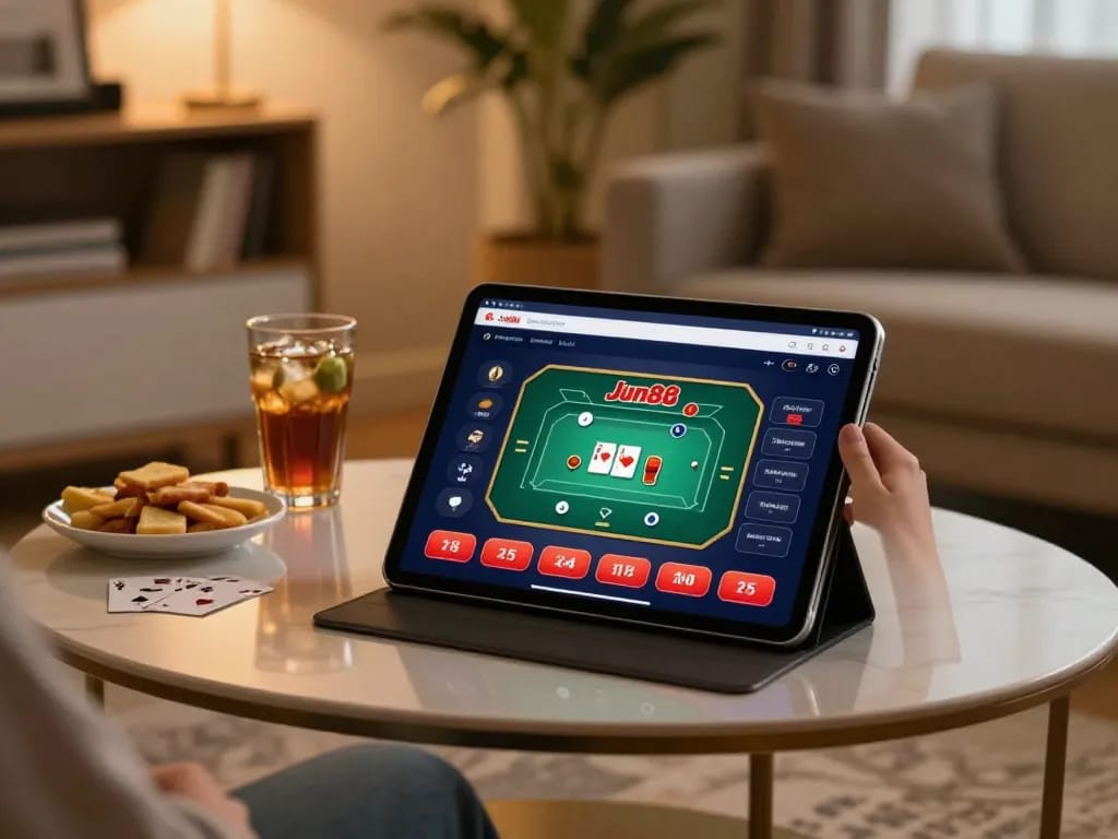 Engaging in online casino games on Jun88 with a cozy home setup and tablet.