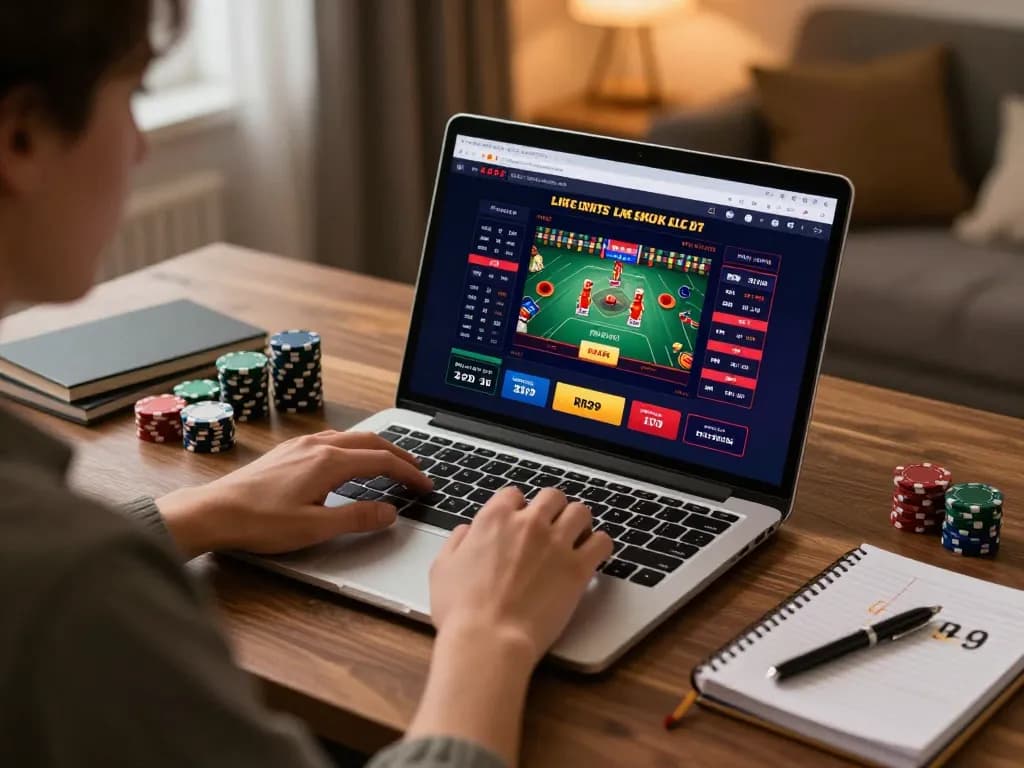 Engaged player exploring RR99 betting options on a laptop, showcasing online gambling excitement.