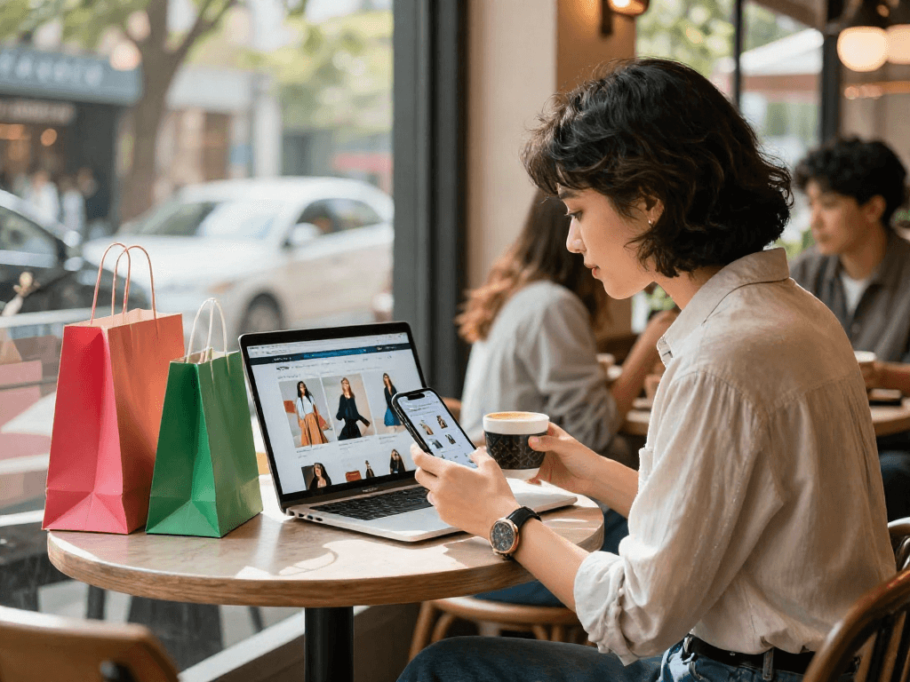 Individual shopping for fashionable accessories online at cafe using link alternatif bro138, vibrant urban setting, stylish atmosphere.