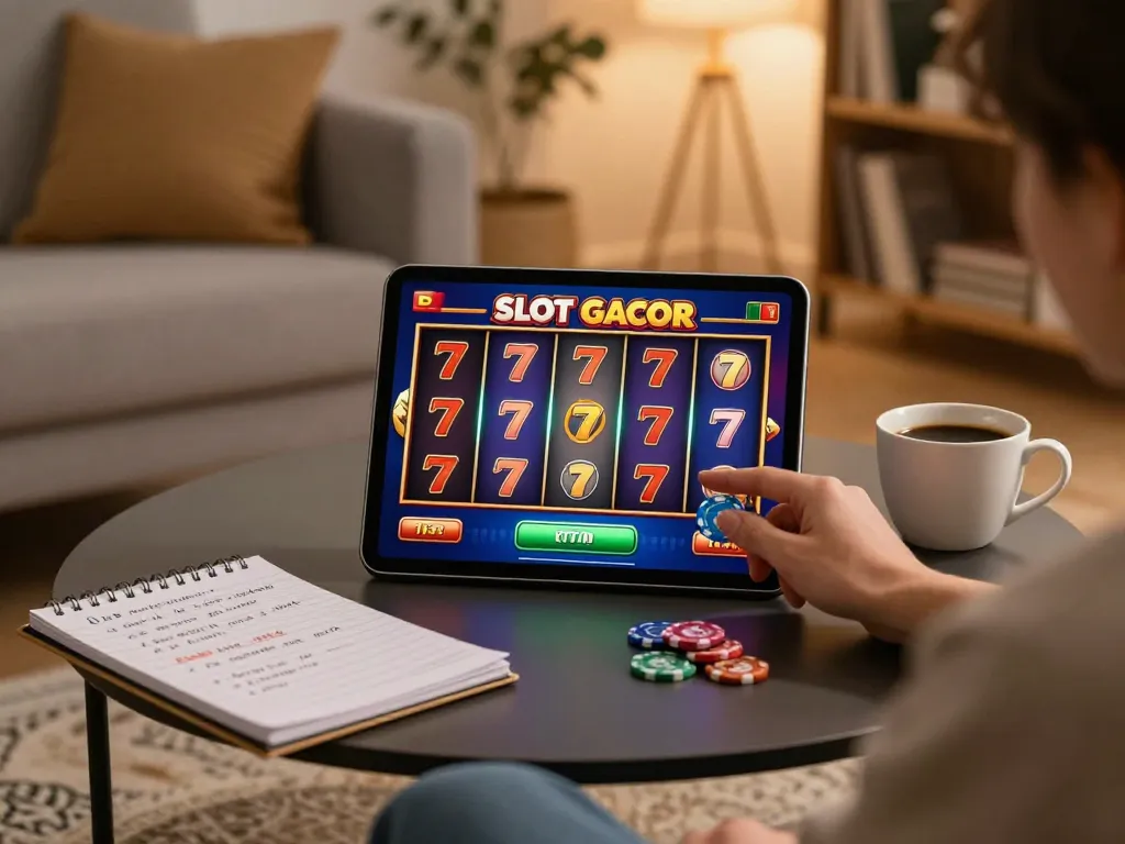 Engaged player interacting with SLOT GACOR 777 online gaming on a tablet at home with cozy ambiance.
