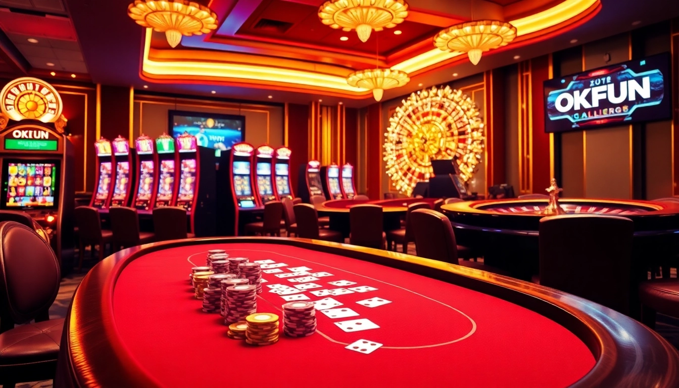Exciting gaming at trang chủ okfun showcasing vibrant tables, slots, and a roulette wheel.