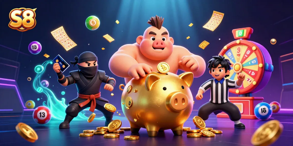 Experience thrilling wins at S8 with lively casino elements, golden coins and vibrant lottery balls.