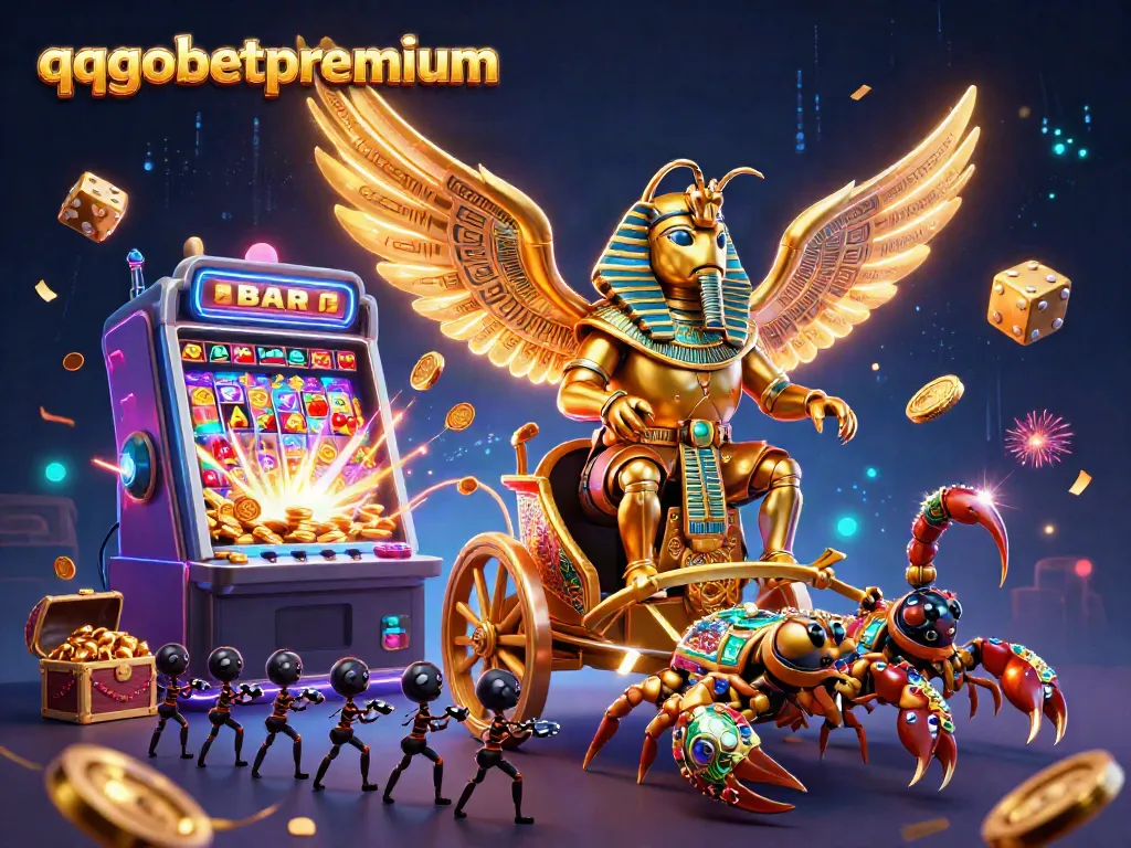 Experience the excitement of qqgobetpremium as the golden scarab and scorpions navigate a vibrant casino adventure.