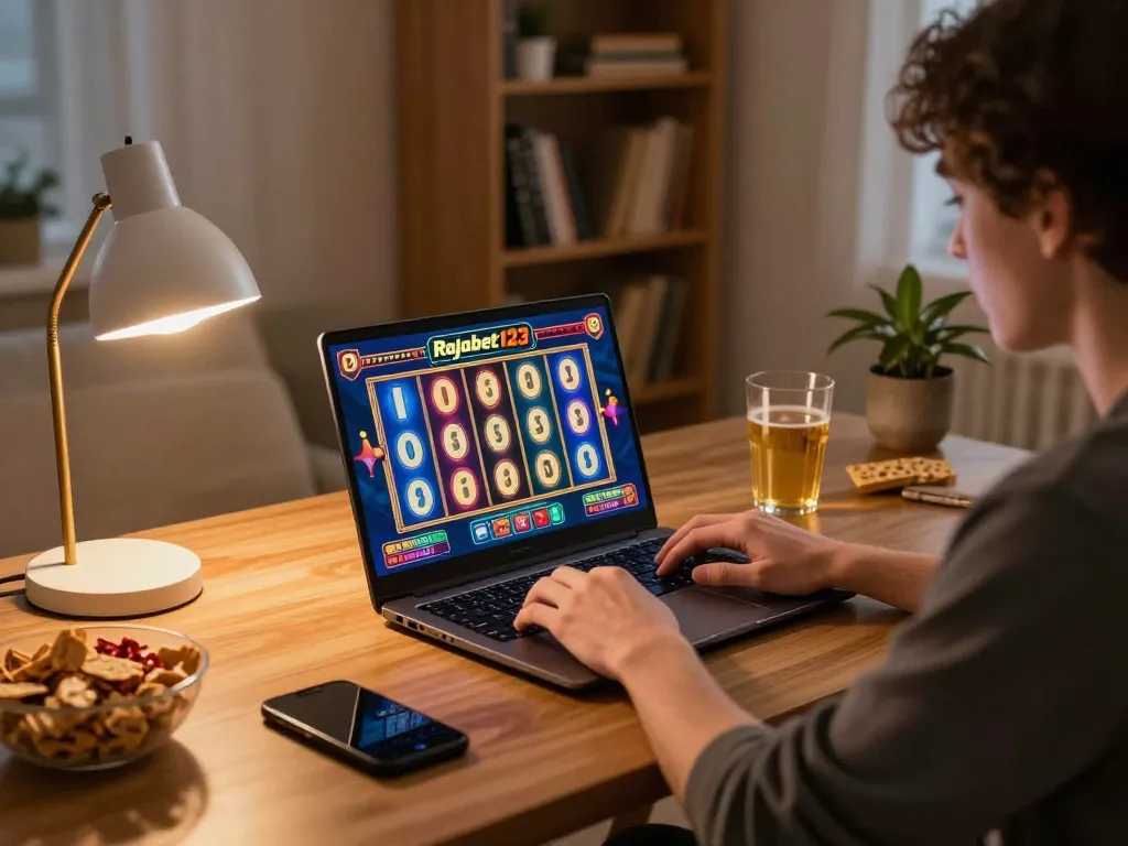 Engage in Rajabet123 Slot gameplay on a cozy home gaming setup, filled with colorful graphics and warm ambiance.