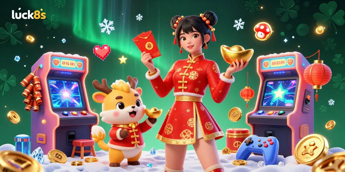 Experience thrilling gaming action at luck8s with vibrant casino elements and festive characters.