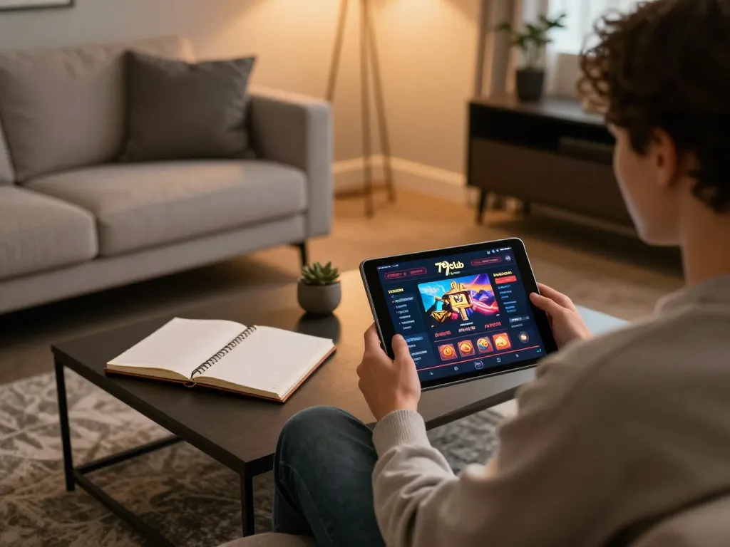 Player engaging with 79club's online casino on a tablet in a cozy home setting.