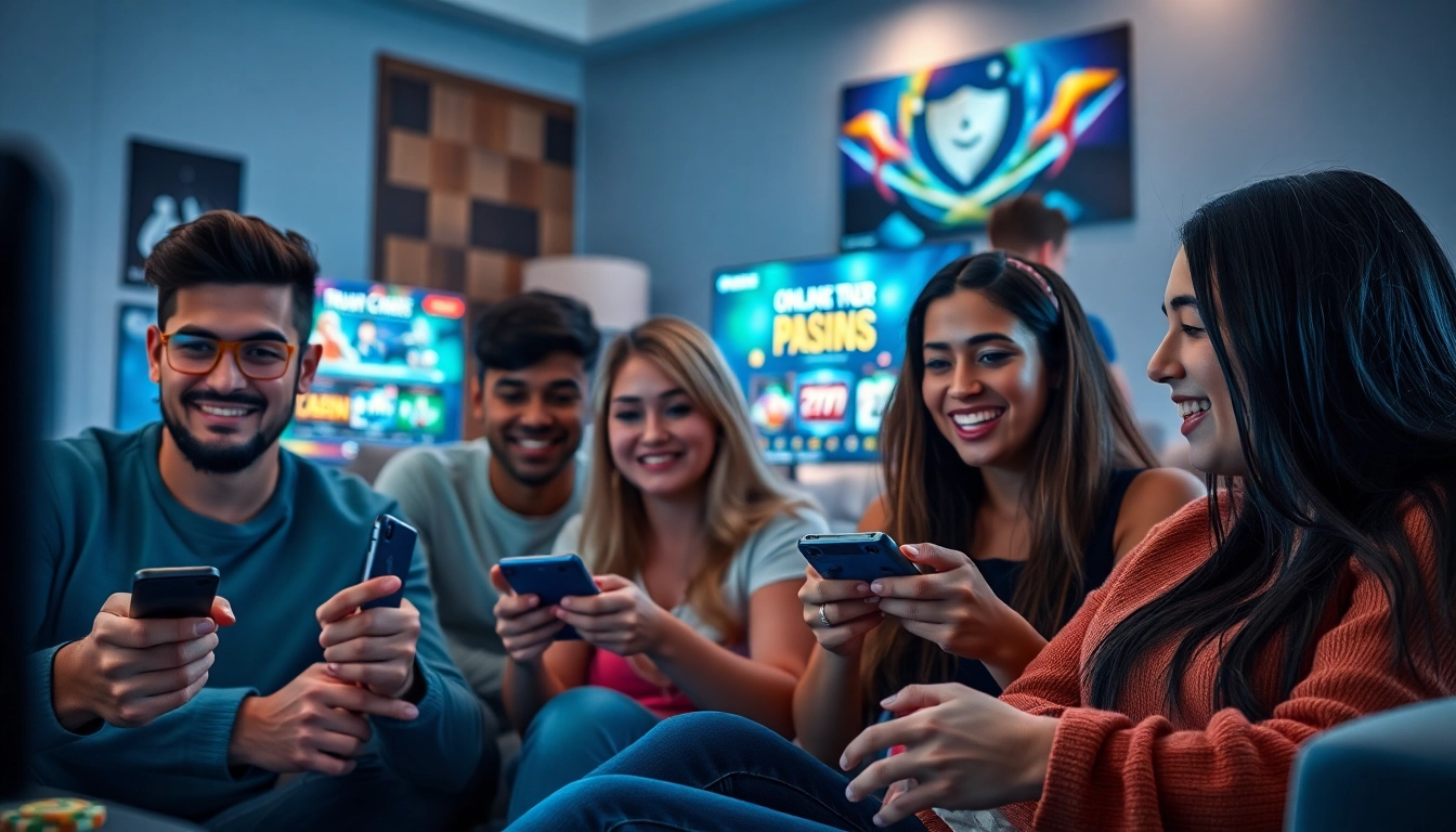 Engaging group enjoying online gambling on https://nhacaiuytinvl.com/ in a modern living room.