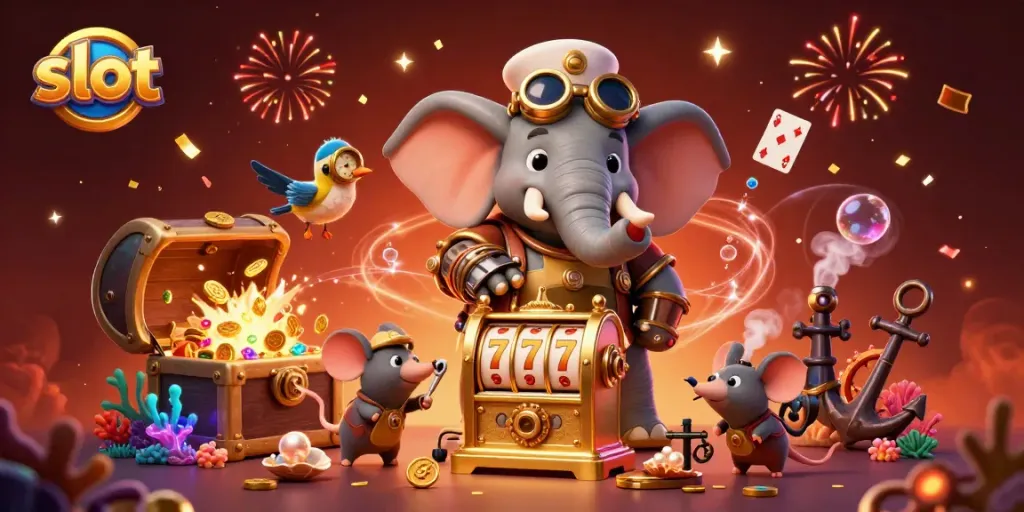 Mesin slot yang menampilkan karakter gajah steampunk dengan latar belakang menggemparkan.