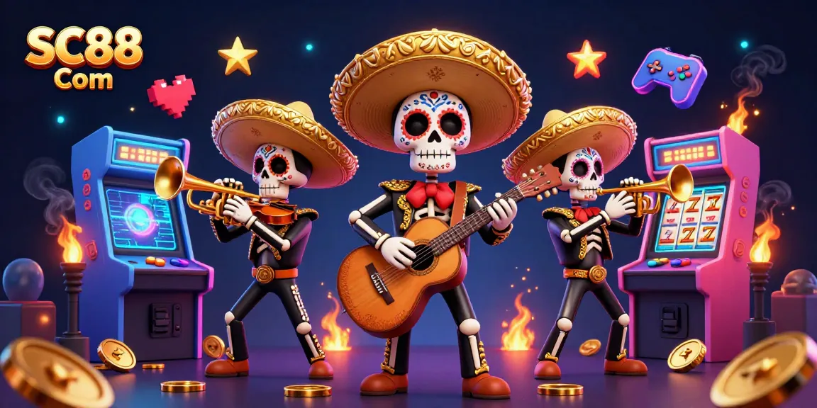 Experience top-notch gaming with SC88 Com's vibrant illustration of festive mariachi and arcade elements.