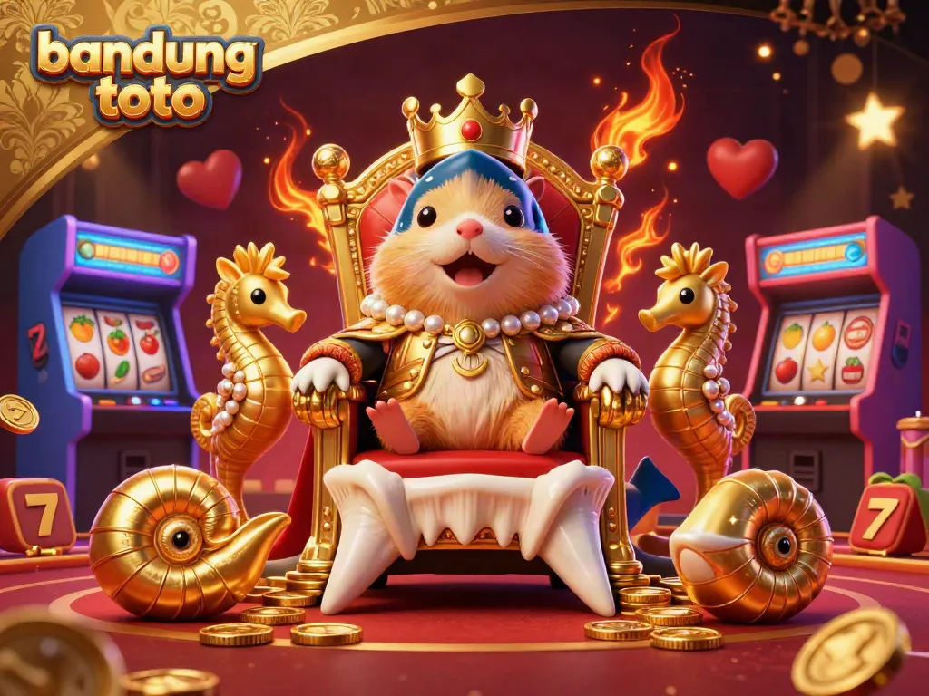 Engage with bandung toto’s thrilling casino experience featuring a golden hamster king on a shark throne amid vibrant gaming elements.