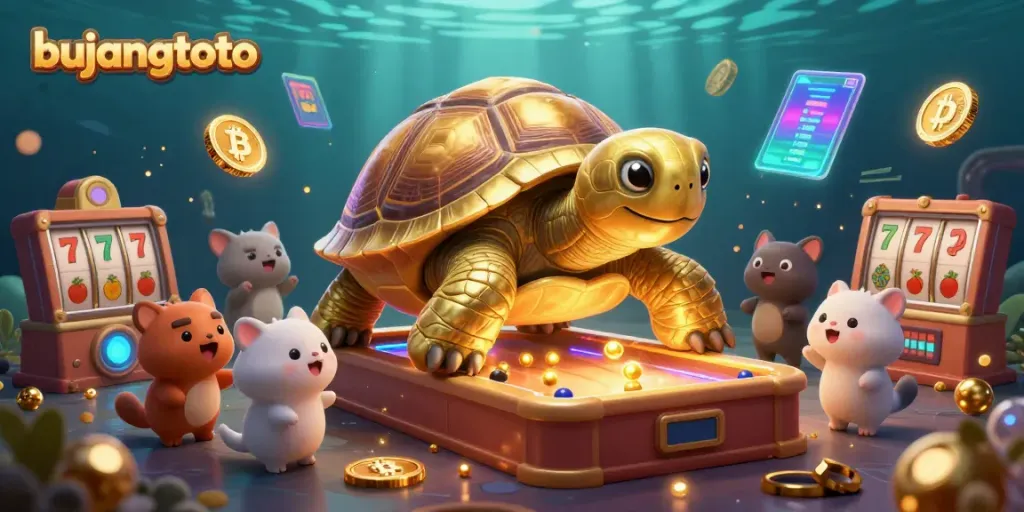 Experience the excitement of bujangtoto with a golden tortoise pinball machine surrounded by cheerful characters.