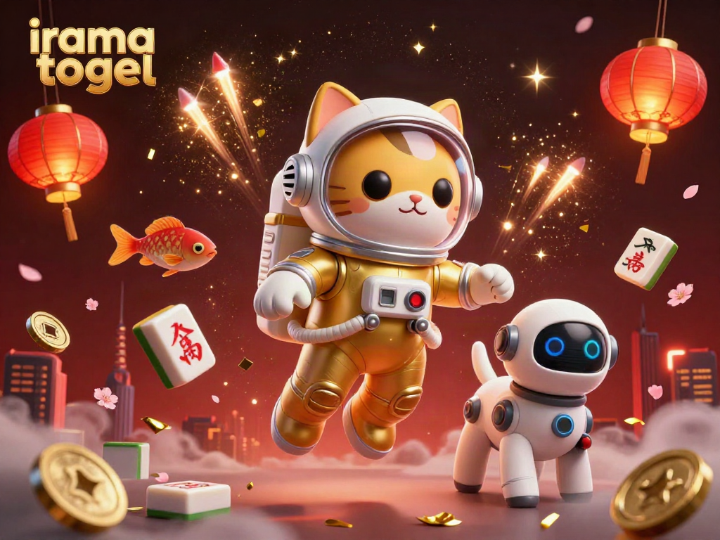 Experience the vibrant energy of irama togel with this dynamic, ultra-detailed 3D scene featuring a space cat and a robot dog.