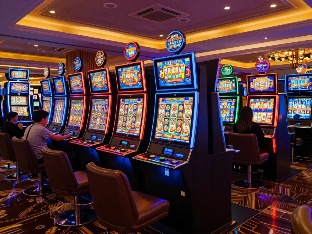Pemain menikmati mesin mega slot di lingkungan kasino yang ramai.