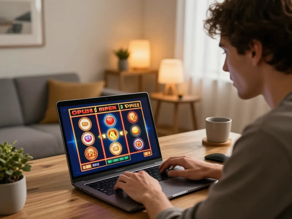 Engaging with situs toto at home, a player excitedly spins high-energy slots online.