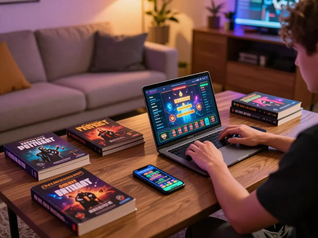 Experience strategic gaming with 98win98 in a cozy home setup, laptop displaying online casino.