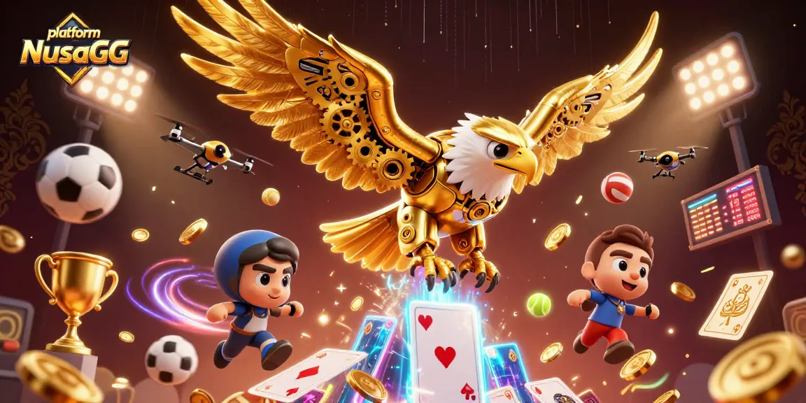 Experience winning odds on platform NusaGG with a thrilling 3D illustration featuring a golden eagle and sports elements.