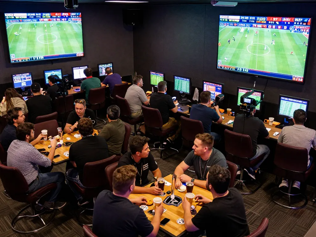 VSBET enthusiasts placing bets during a live sports event in a vibrant betting lounge