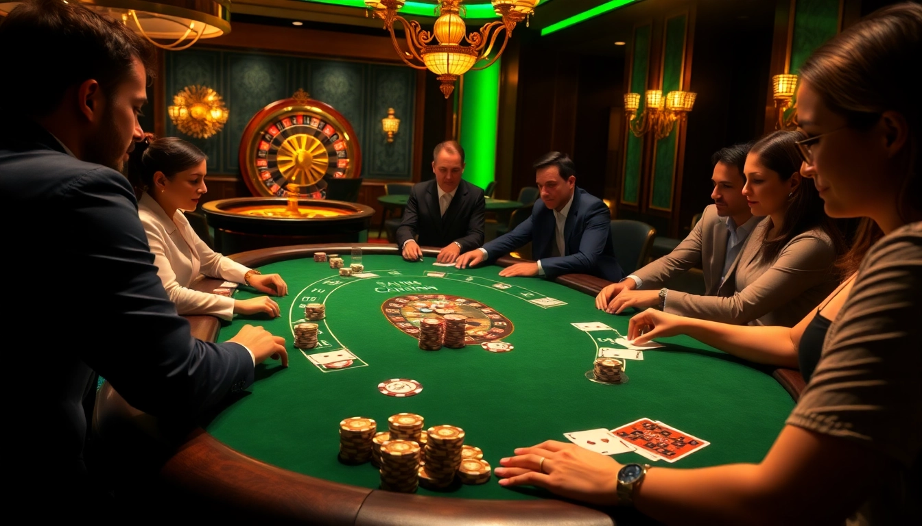 Players excitedly engage in poker, showcasing a bonus new member offer in a luxurious casino setting.
