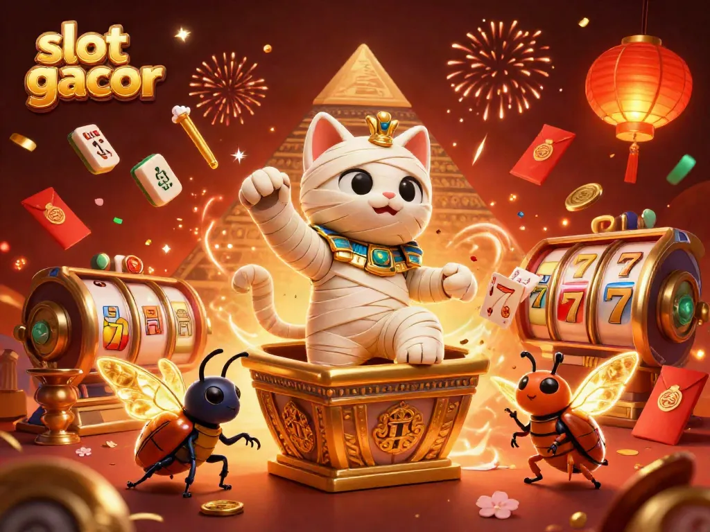 Experience the excitement of slot gacor with a dynamic pyramid casino scene featuring a 3D mummy cat and glowing scarab.