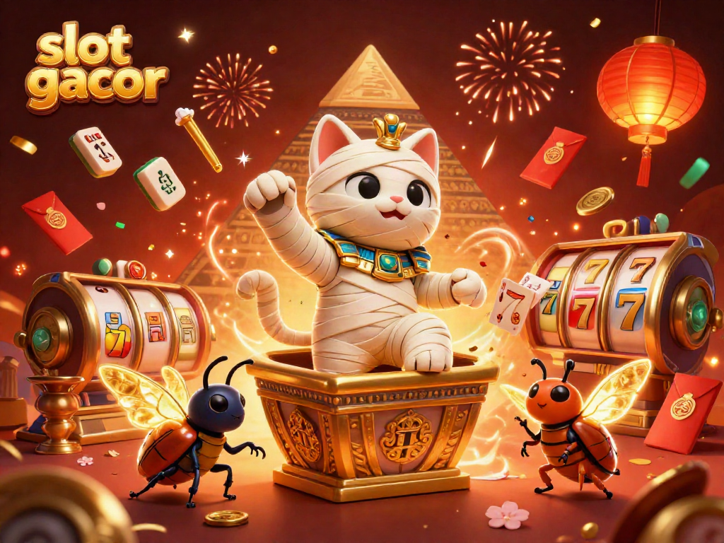 Experience the excitement of slot gacor with a dynamic pyramid casino scene featuring a 3D mummy cat and glowing scarab.