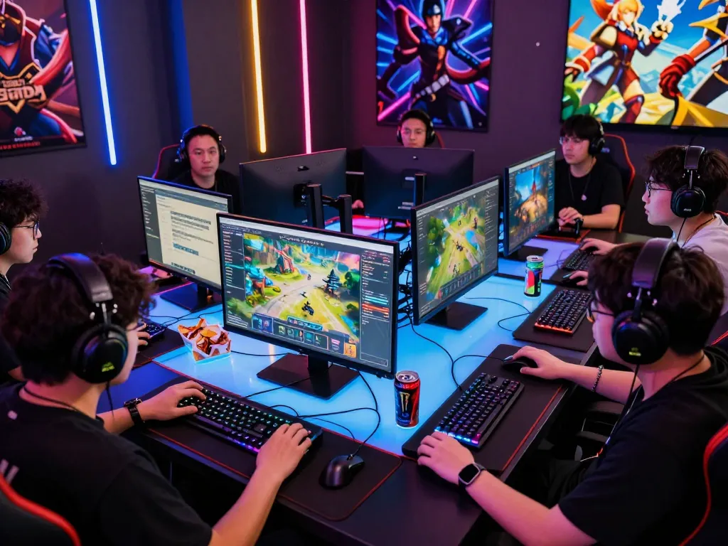 Gamers engaged in WOLES88 platform at vibrant gaming table with bright LED lights.