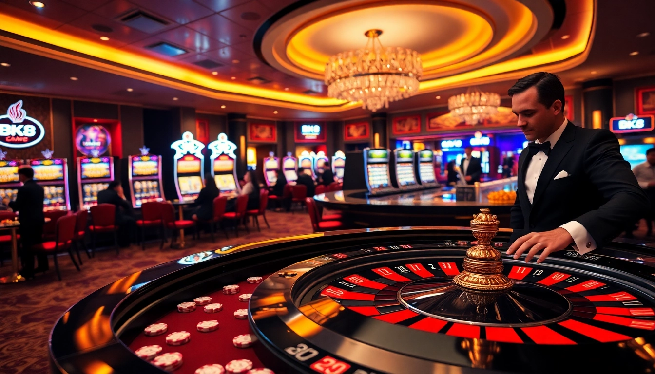 Experience the excitement of BK8 casino with stylish roulette tables and vibrant slot machines.