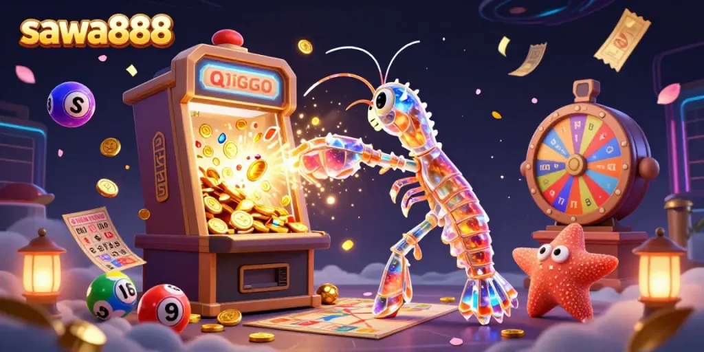 Experience thrilling gameplay with sawa888 as the galactic samurai shrimp fights for treasure in this dynamic illustration.
