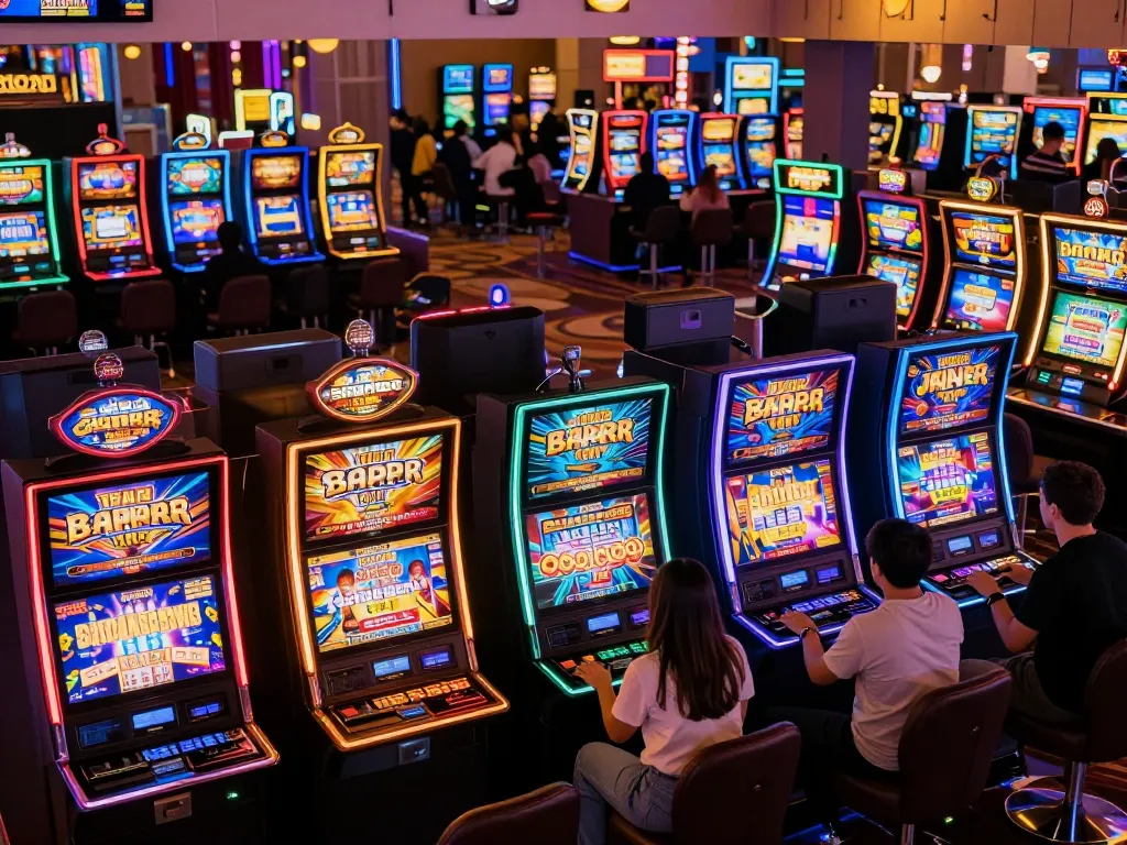 Pemain menikmati sensasi mesin slot777 dalam suasana kasino yang meriah, menyoroti keterlibatan dan kegembiraan.