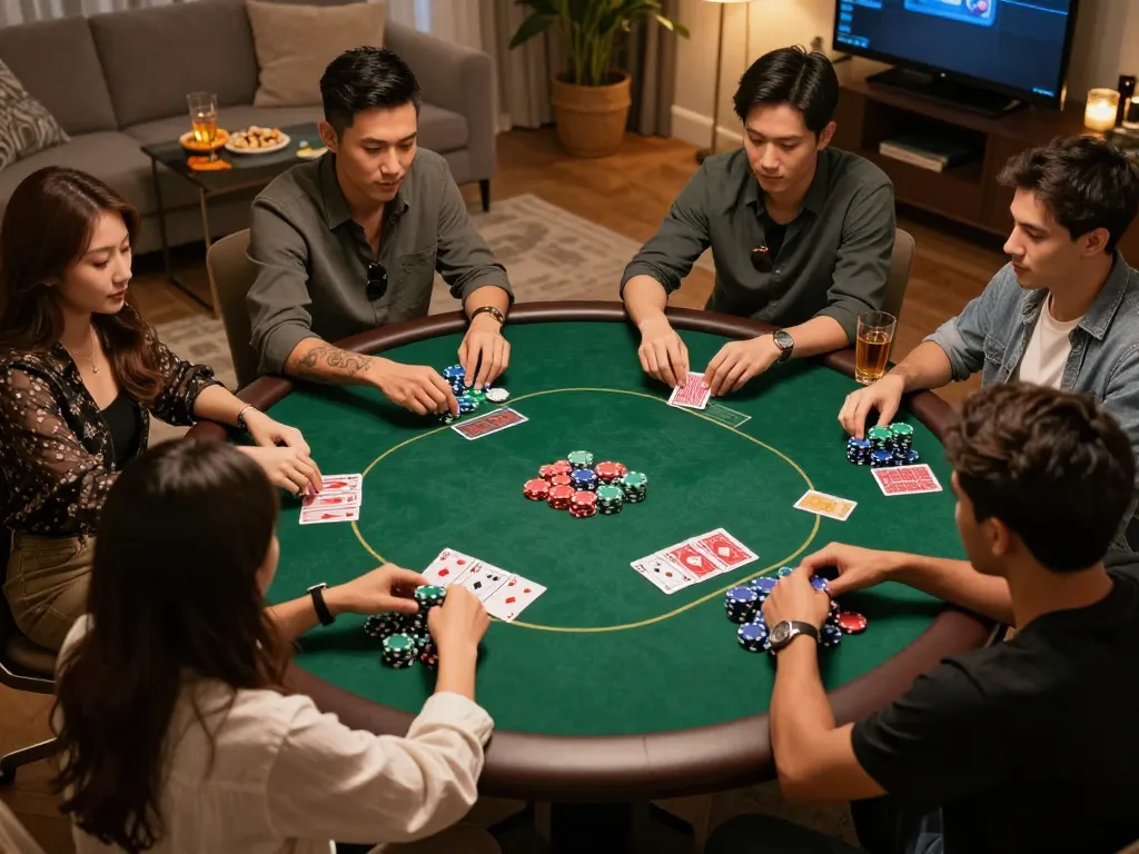 Nego77 friends engaging in a lively poker game with chips and cards on the table.