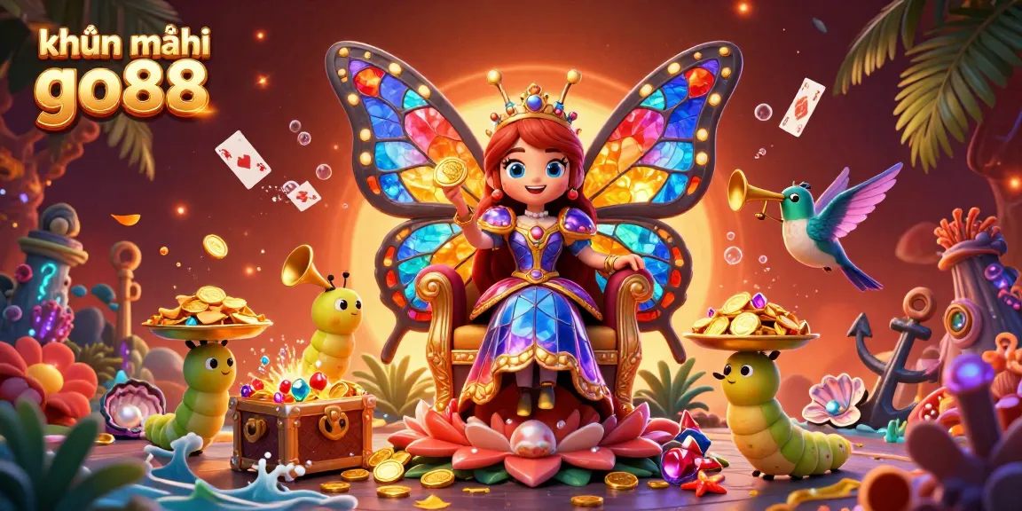 Engage in khuyến mãi go88 excitement with a vibrant butterfly queen and underwater treasures.