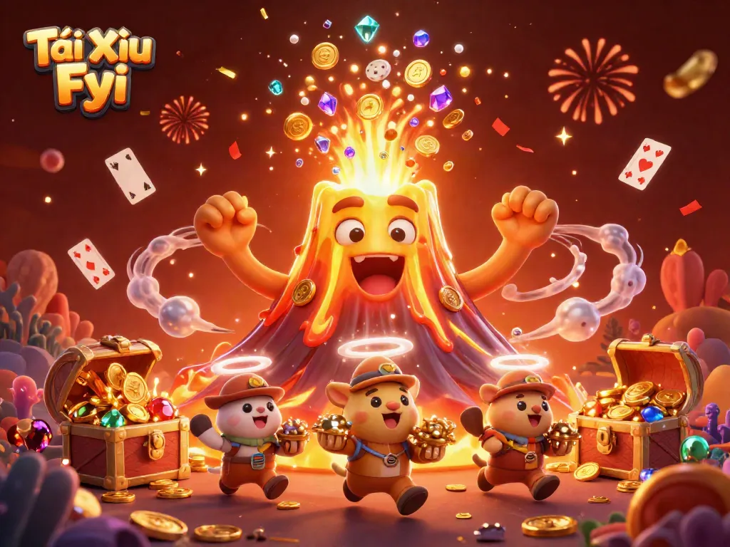 Tài Xỉu Fyi brings excitement to viewers with a vibrant scene of a golden volcano erupting of treasure.