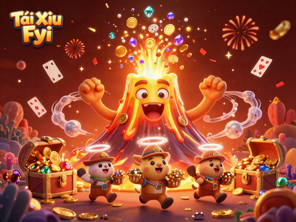 Tài Xỉu Fyi brings excitement to viewers with a vibrant scene of a golden volcano erupting of treasure.
